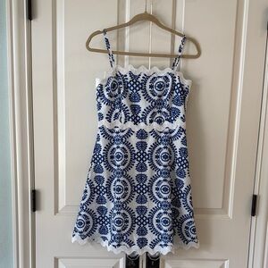 SHEIN White Dress with Blue Embroidered Pattern